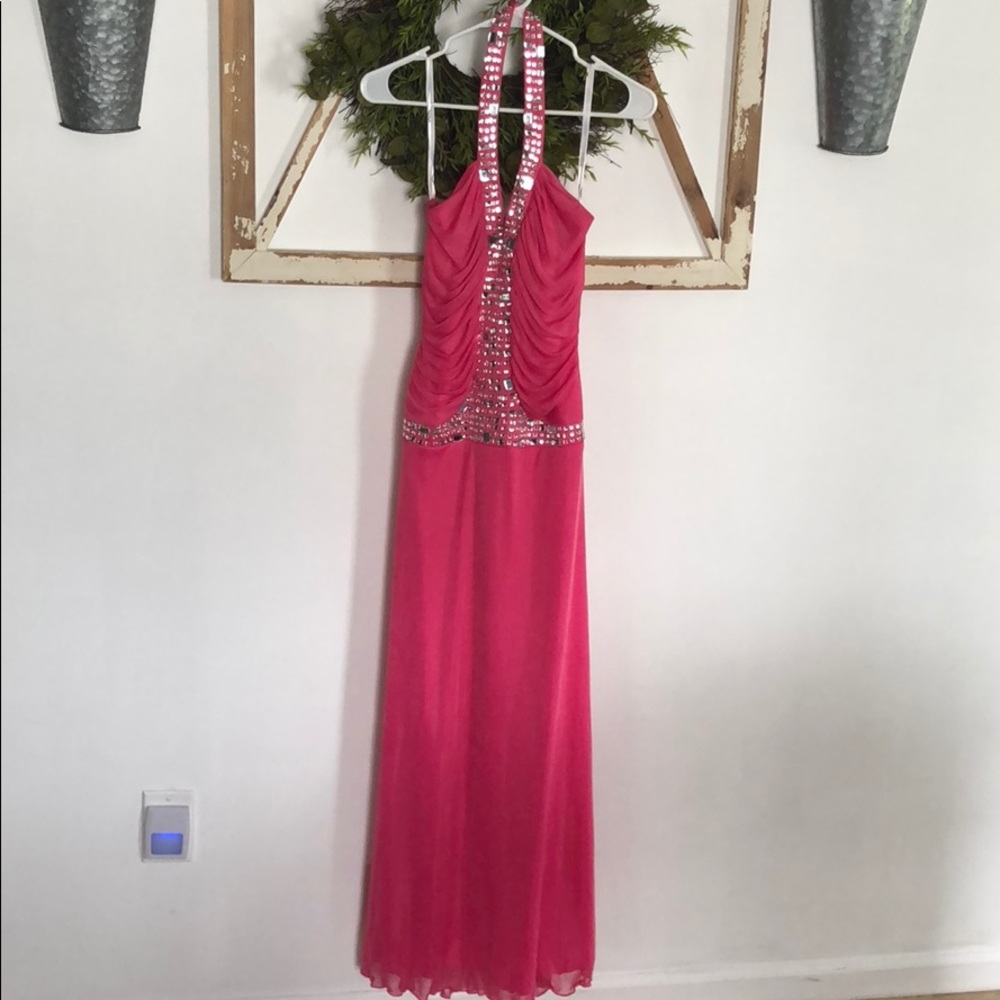 Roberta Pink Formal Prom Beaded Halter Gown Dress